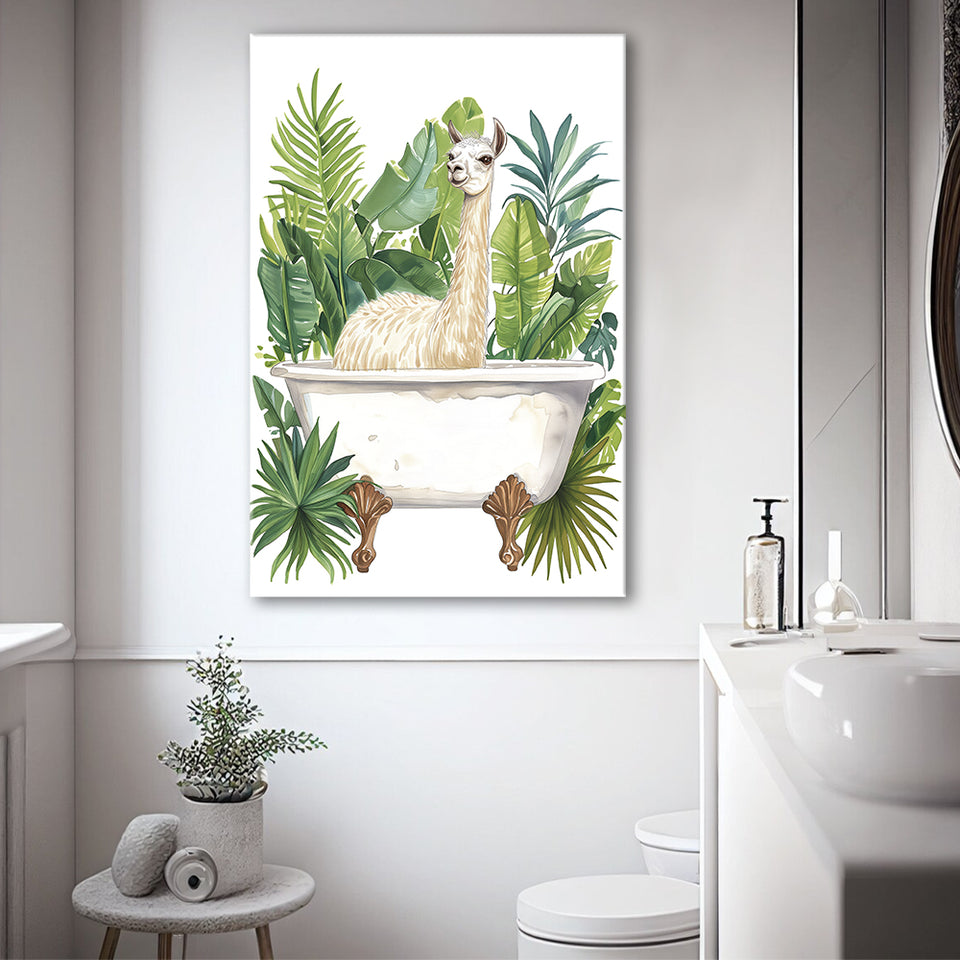 Llama In Bathtub Bathroom Decor Tropical Leave Canvas Prints Wall Art, Bathroom Art Decor100,