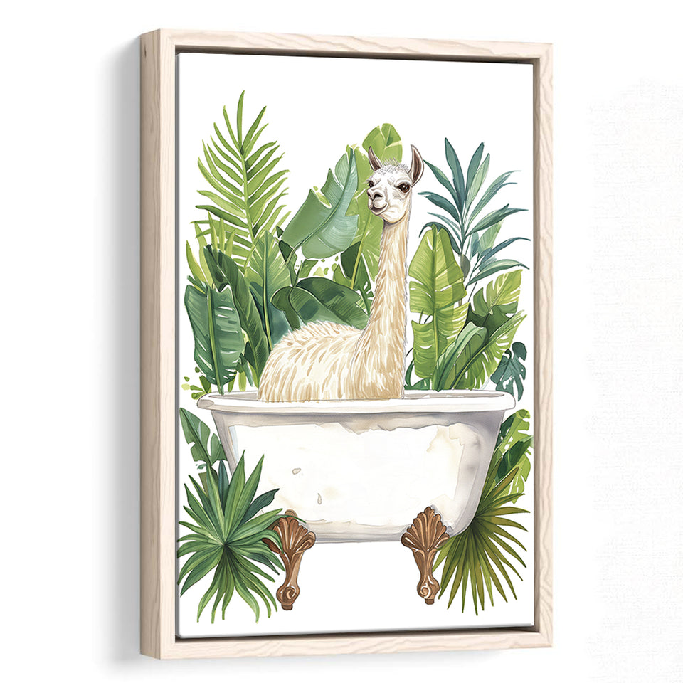 Llama In Bathtub Bathroom Decor Tropical Leave Framed Canvas Prints Wall Art, Bathroom Framed Art Decor