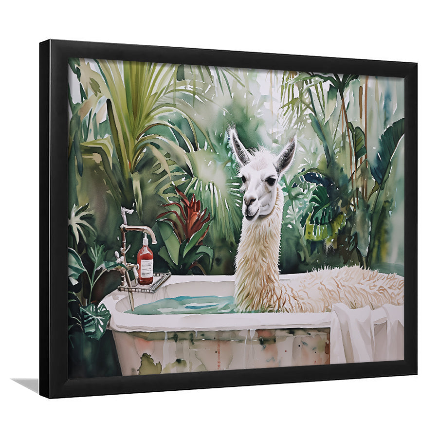 Llama In Bathtub Bathroom Tropical Leave, Bathroom Art Decor Framed Art PrintsWall Art, Animal Bathroom Art