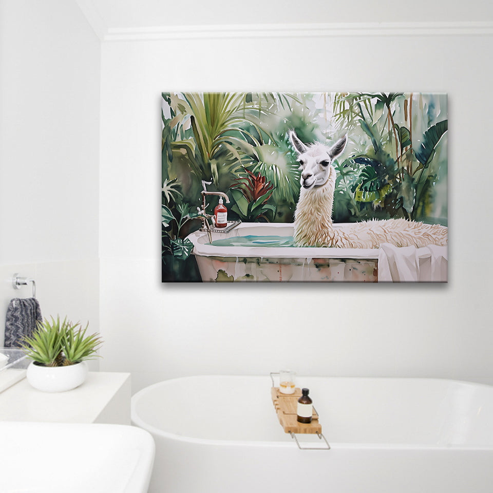 Llama In Bathtub Bathroom Tropical Leave, Bathroom Art Decor Canvas Prints Wall Art, Animal Bathroom Art