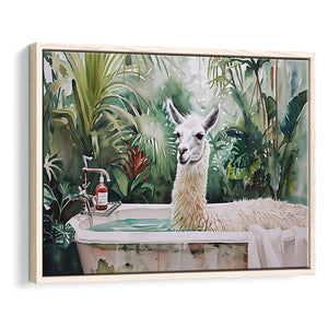 Llama In Bathtub Bathroom Tropical Leave, Bathroom Art Decor Framed Canvas Prints Wall Art,Floating Frame