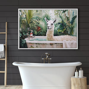 Llama In Bathtub Bathroom Tropical Leave, Bathroom Art Decor Framed Canvas Prints Wall Art,Floating Frame