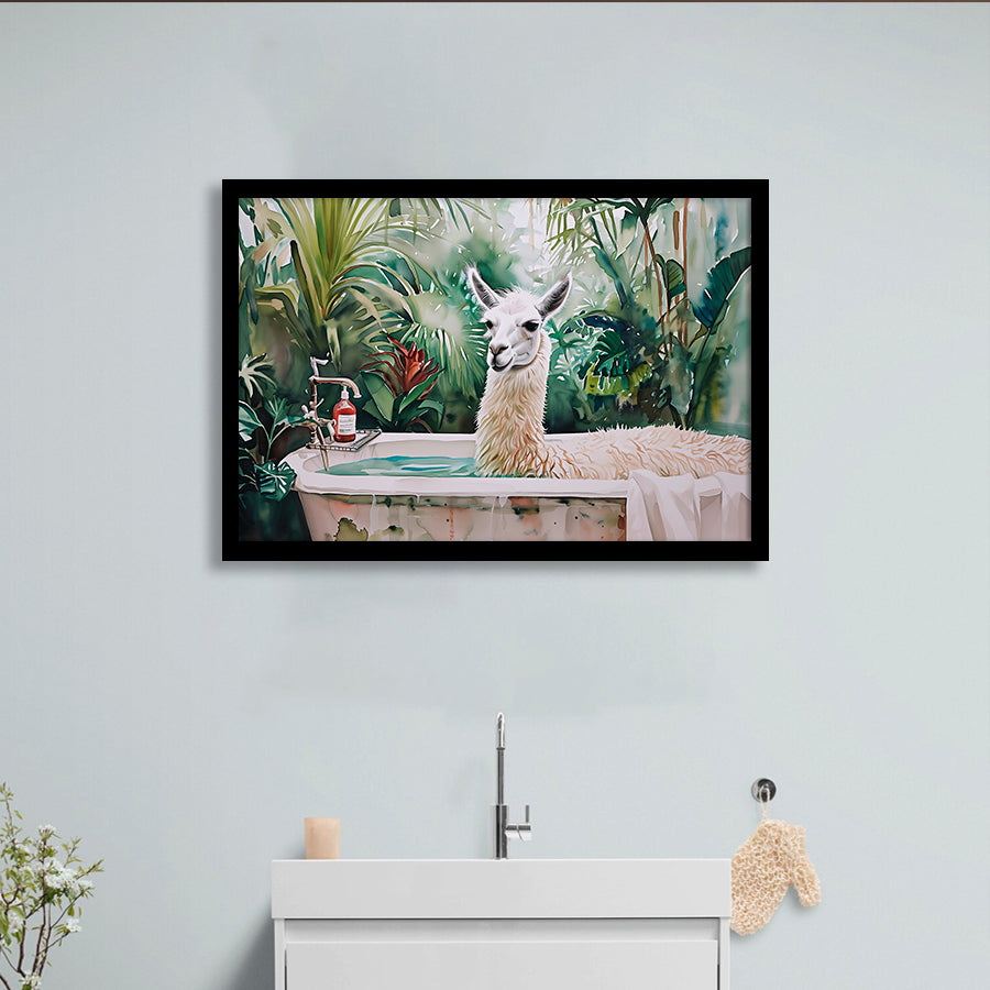 Llama In Bathtub Bathroom Tropical Leave, Bathroom Art Decor Framed Art PrintsWall Art, Animal Bathroom Art