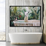 Llama In Bathtub Bathroom Tropical Leave, Bathroom Art Decor Framed Art PrintsWall Art, Animal Bathroom Art