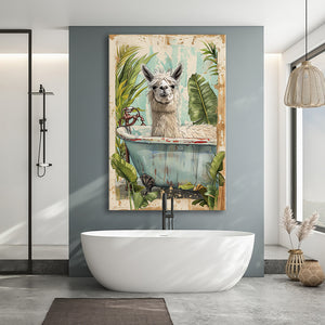 Llama In Bathtub Bathroom Decor Vintage Style Canvas Prints Wall Art, Bathroom Art Decor,