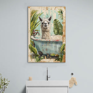 Llama In Bathtub Bathroom Decor Vintage Style Canvas Prints Wall Art, Bathroom Art Decor,
