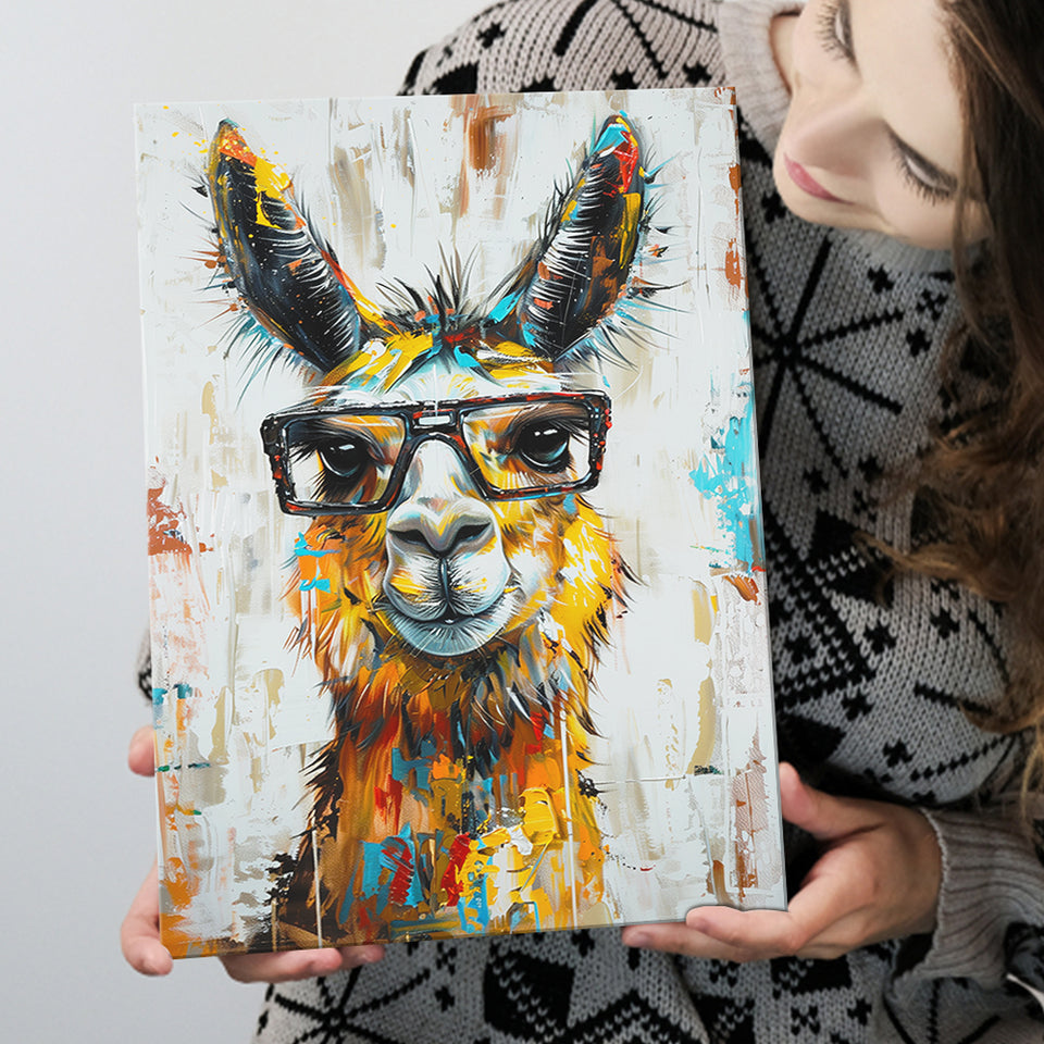 Llama Wearing Glasess Portrait Oil Painting V1, Canvas Painting, Canvas Prints Wall Art Decor