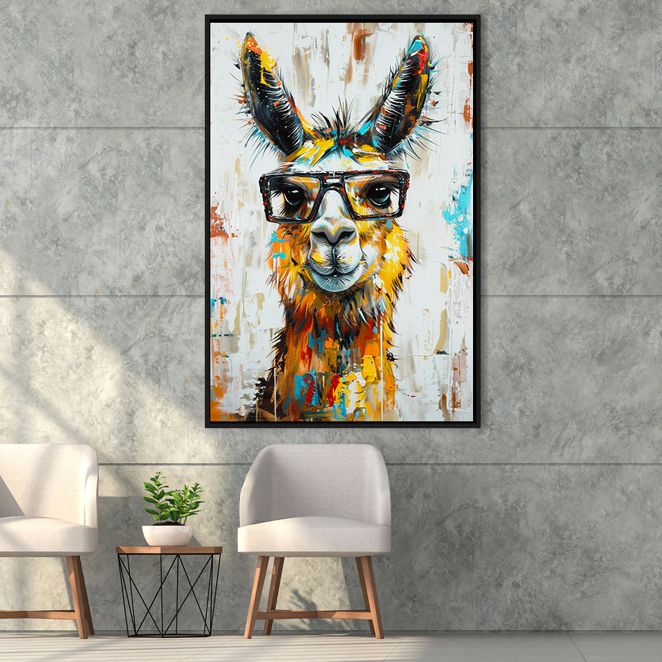 Llama Wearing Glasess Portrait Oil Painting V1, Framed Canvas Painting, Framed Canvas Prints Wall Art Decor