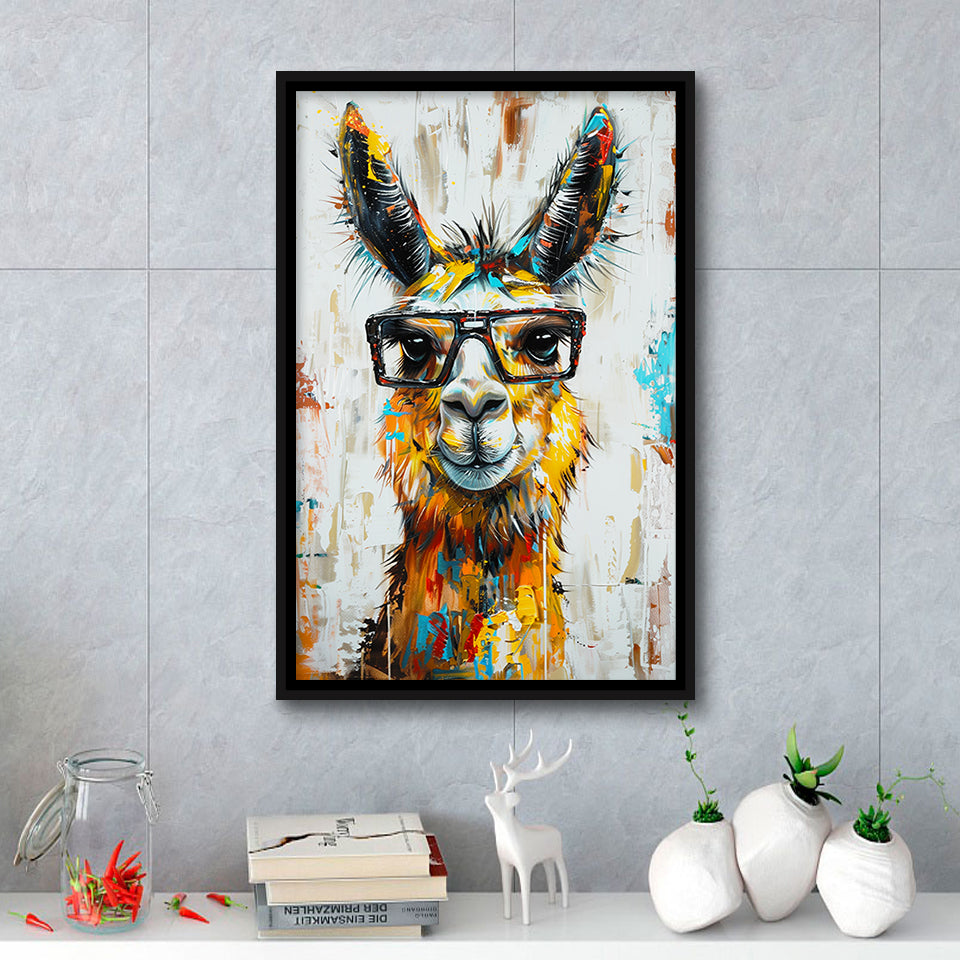 Llama Wearing Glasess Portrait Oil Painting V1, Framed Canvas Painting, Framed Canvas Prints Wall Art Decor