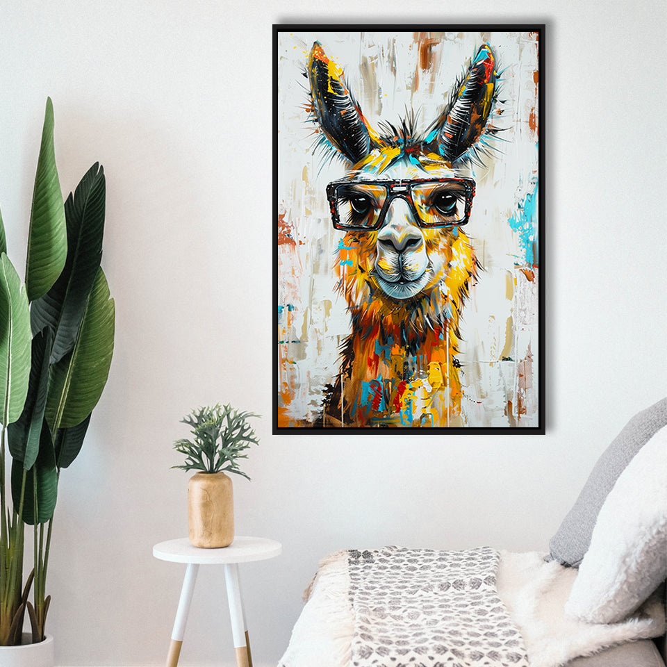 Llama Wearing Glasess Portrait Oil Painting V1, Framed Canvas Painting, Framed Canvas Prints Wall Art Decor