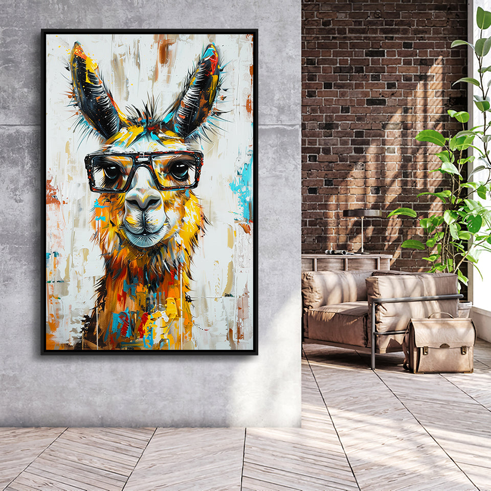 Llama Wearing Glasess Portrait Oil Painting V1, Framed Canvas Painting, Framed Canvas Prints Wall Art Decor