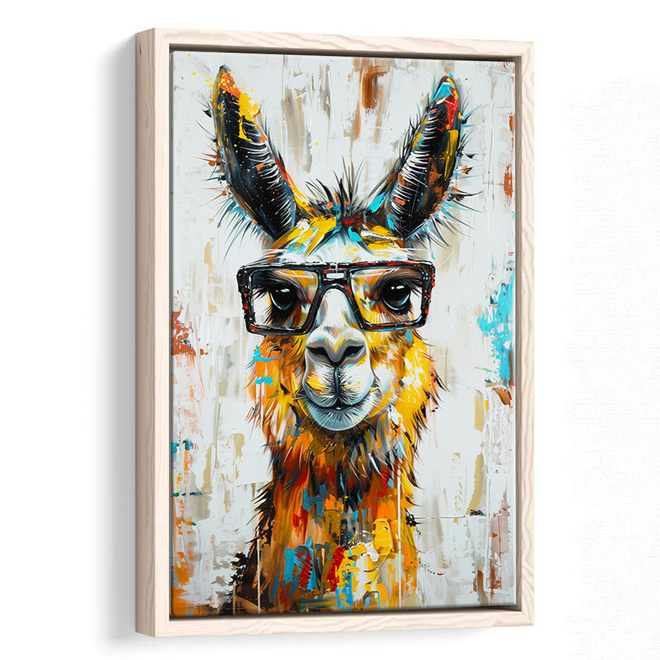 Llama Wearing Glasess Portrait Oil Painting V1, Framed Canvas Painting, Framed Canvas Prints Wall Art Decor