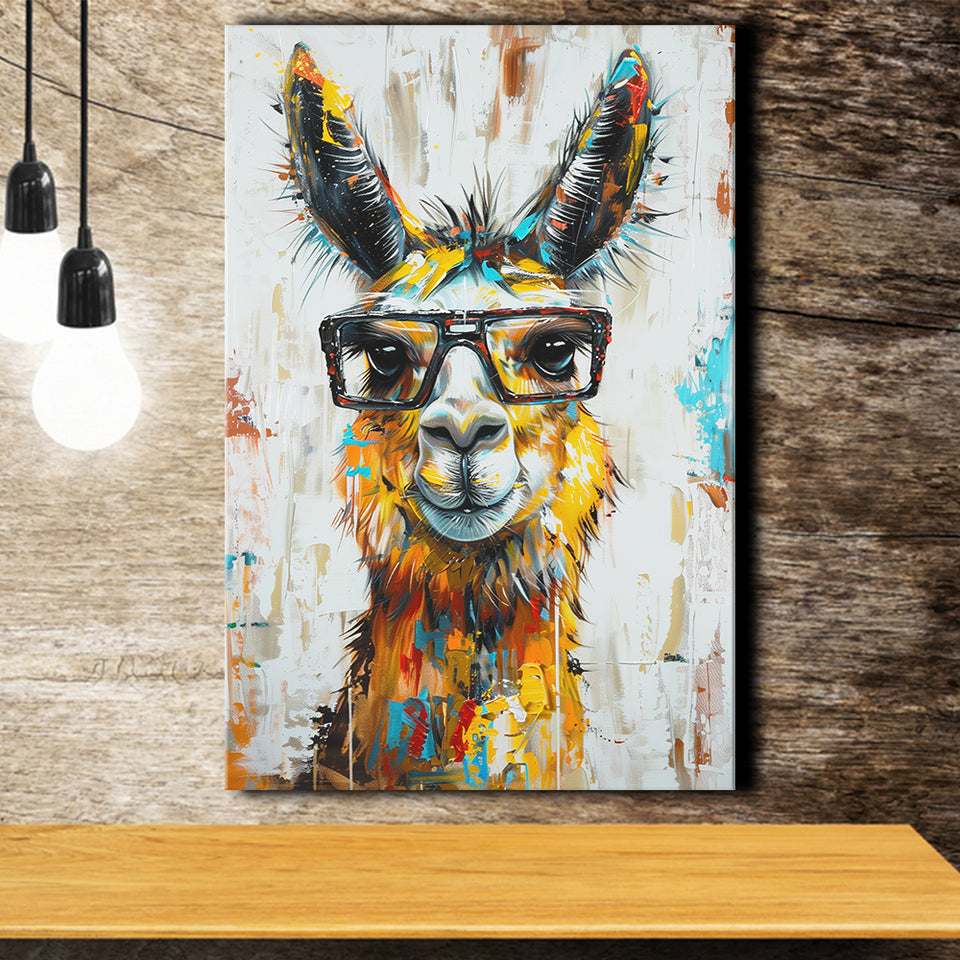 Llama Wearing Glasess Portrait Oil Painting V1, Canvas Painting, Canvas Prints Wall Art Decor