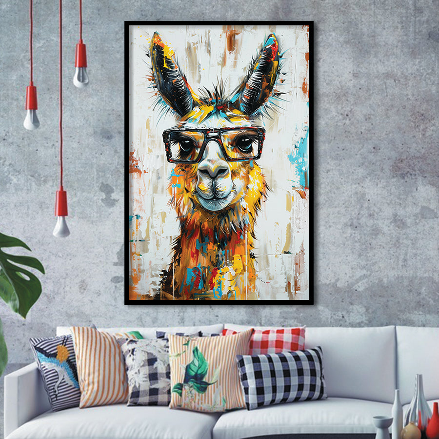 Llama Wearing Glasess Portrait Oil Painting V1, Framed Art Print Wall Decor, Framed Picture
