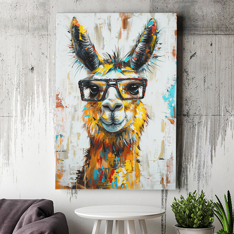 Llama Wearing Glasess Portrait Oil Painting V1, Canvas Painting, Canvas Prints Wall Art Decor