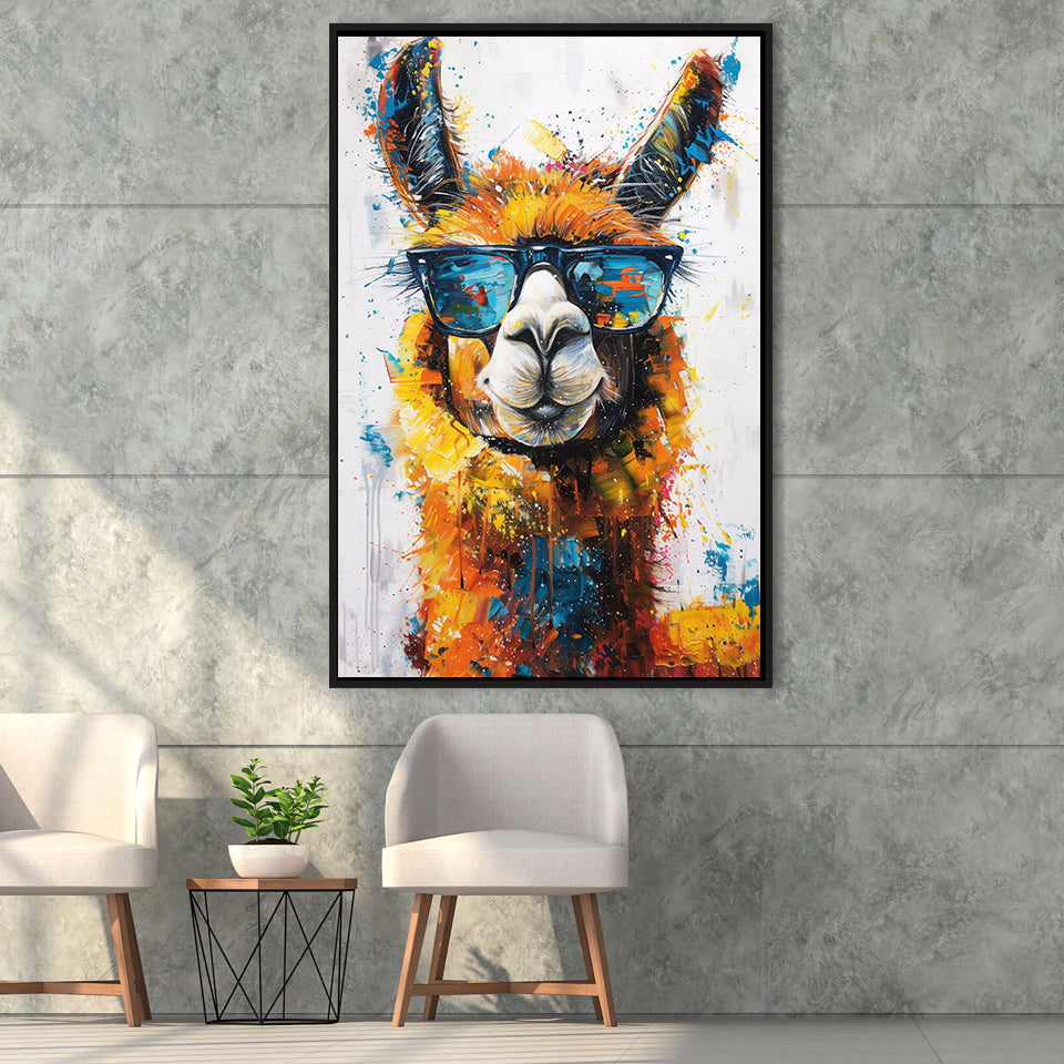 Llama Wearing Glasess Portrait Painting Art V2, Framed Canvas Painting, Framed Canvas Prints Wall Art Decor