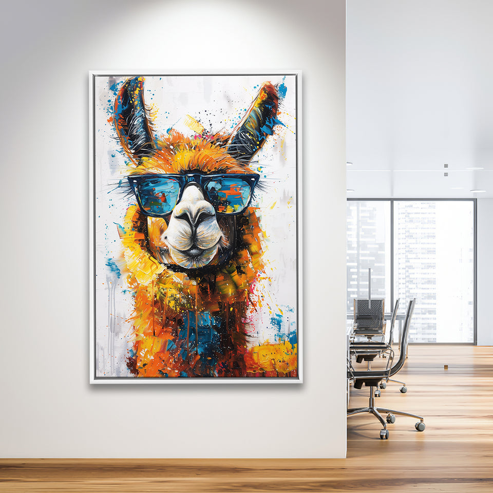 Llama Wearing Glasess Portrait Painting Art V2, Framed Canvas Painting, Framed Canvas Prints Wall Art Decor