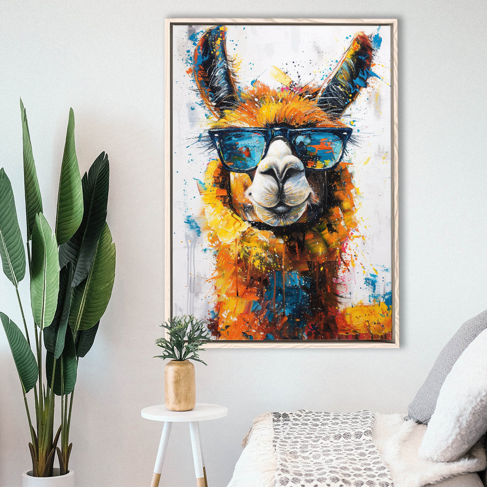 Llama Wearing Glasess Portrait Painting Art V2, Framed Canvas Painting, Framed Canvas Prints Wall Art Decor