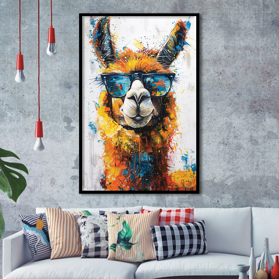 Llama Wearing Glasess Portrait Painting Art V2, Framed Art Print Wall Decor, Framed Picture