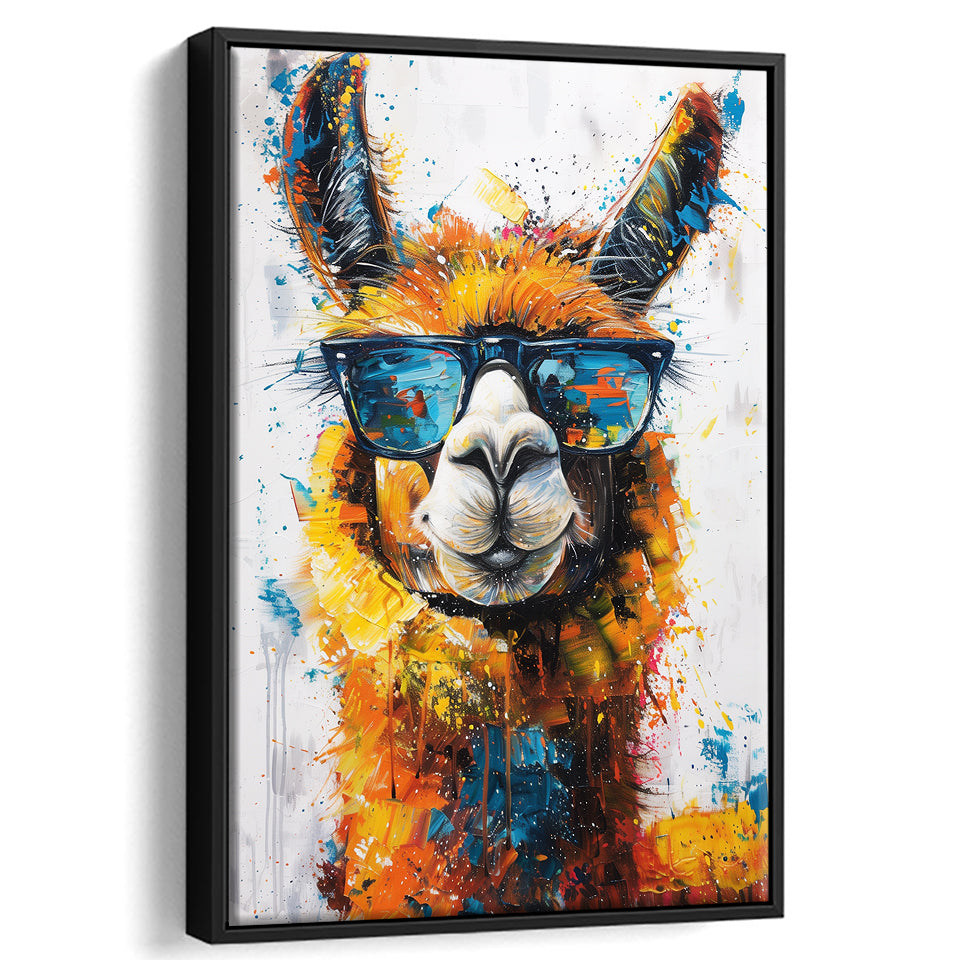 Llama Wearing Glasess Portrait Painting Art V2, Framed Canvas Painting, Framed Canvas Prints Wall Art Decor