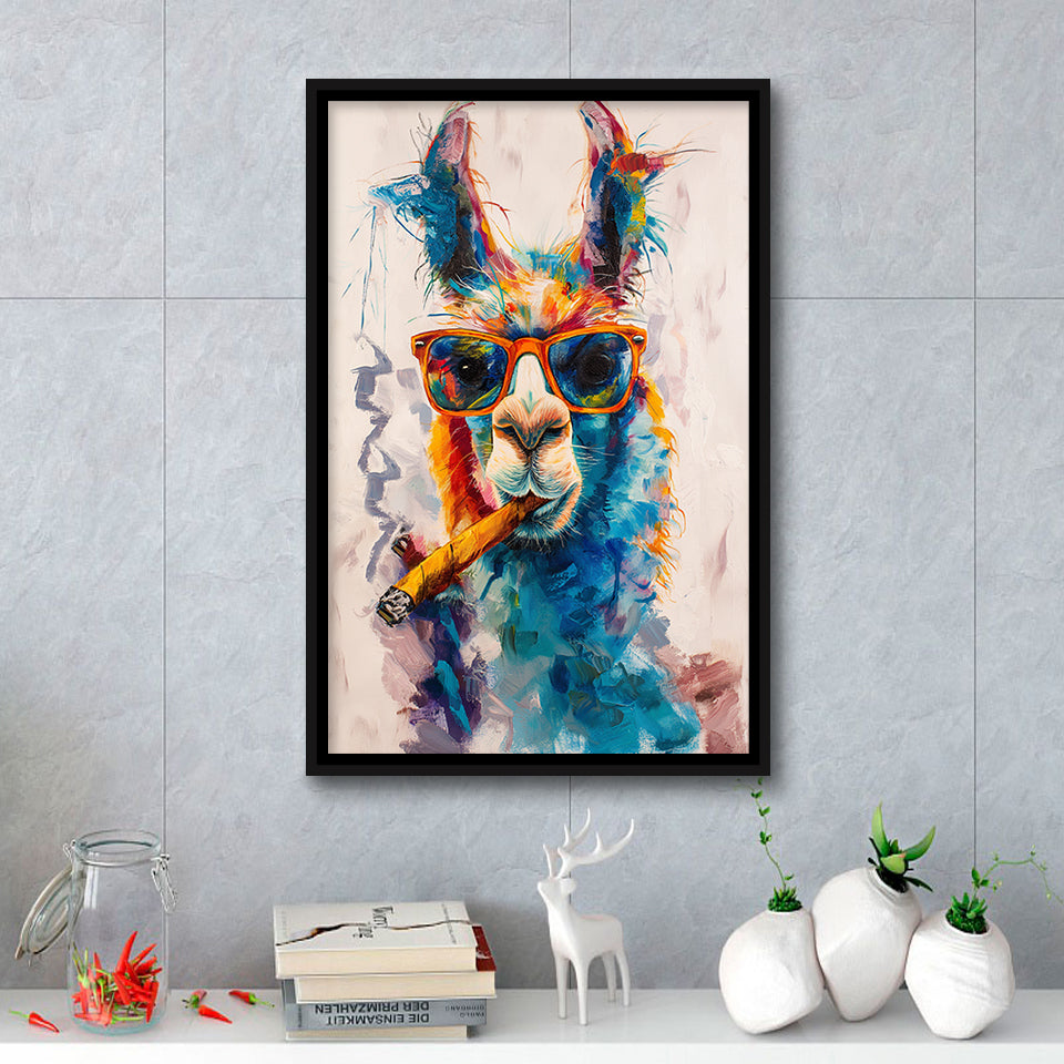 Llama Wearing Sungglasses And Smooking Cigar Art V10, Framed Canvas Prints Wall Art Decor, Floarting Frame Painting Canvas Art