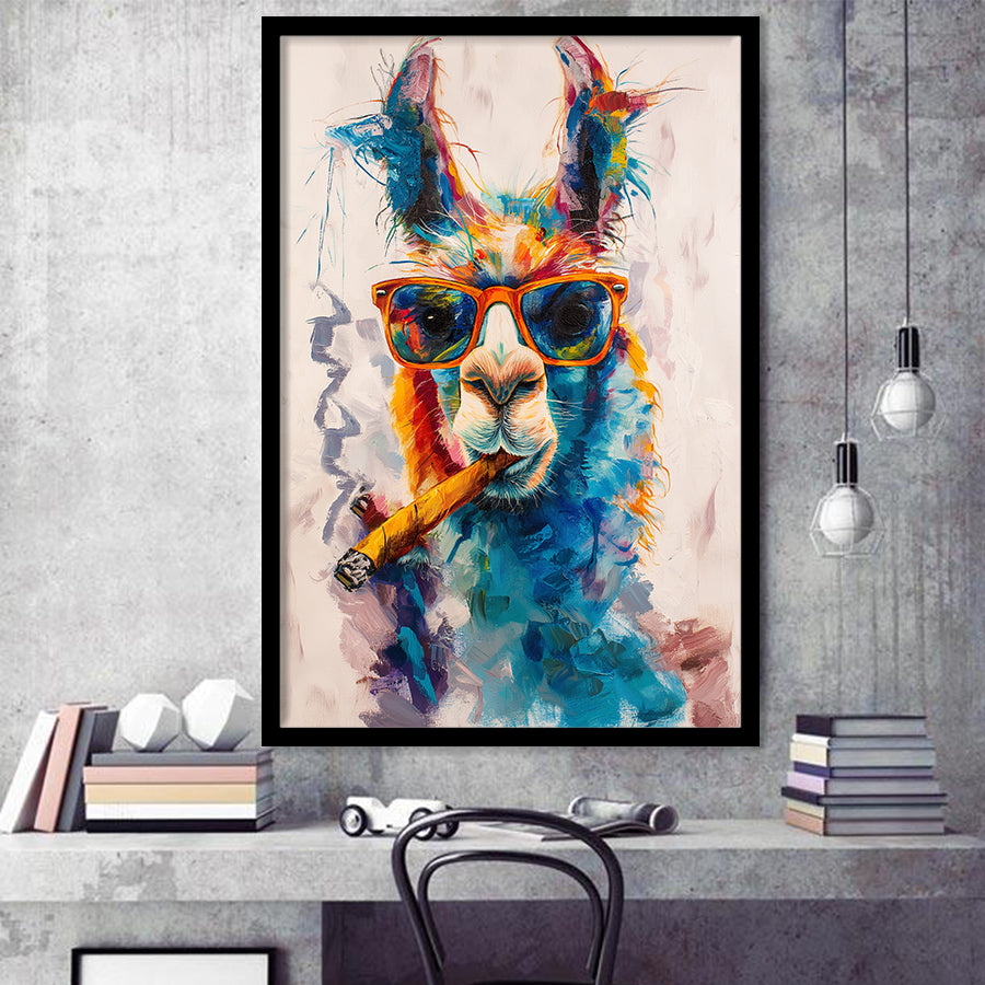 Llama Wearing Sungglasses And Smooking Cigar Art V10, Framed Art Prints Wall Decor, Picture Framed Painting