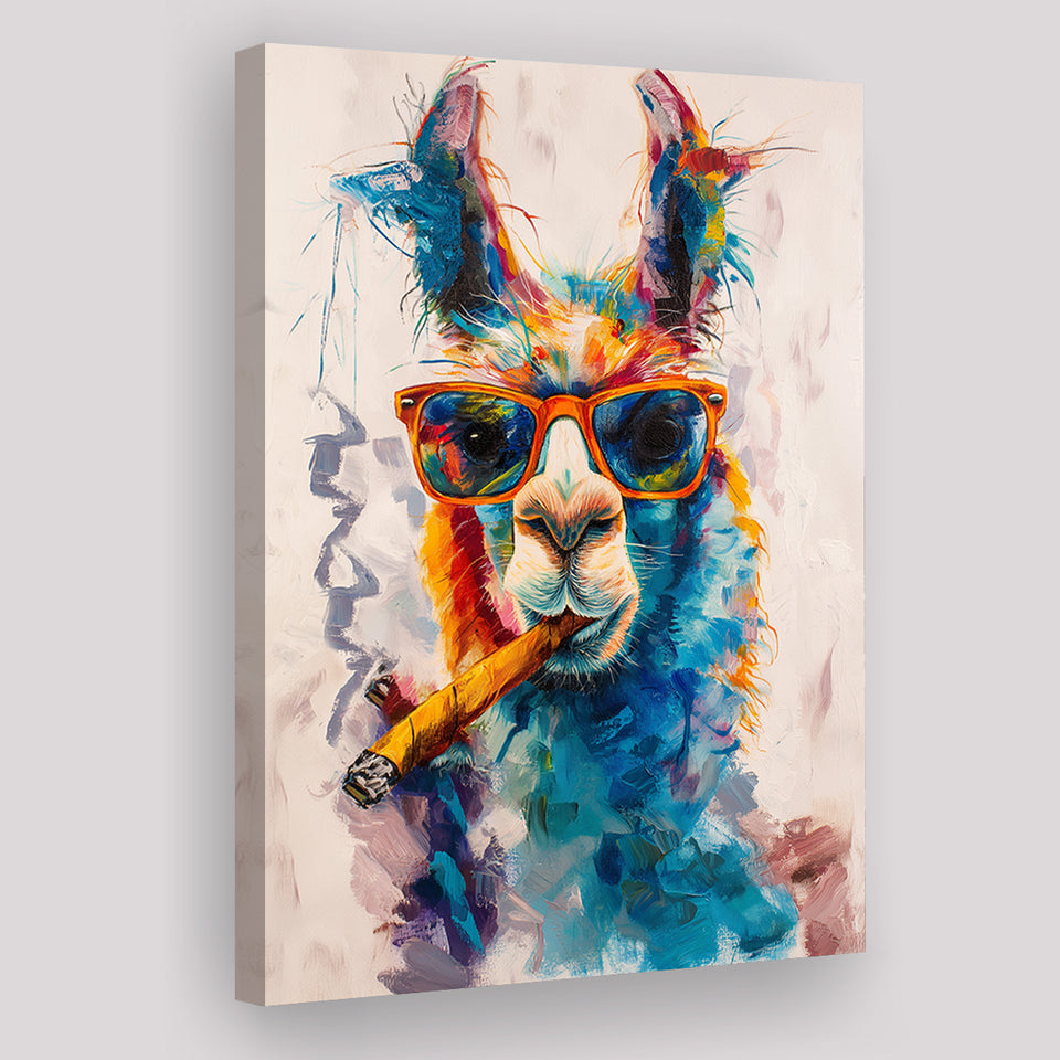 Llama Wearing Sungglasses And Smooking Cigar Art V10, Canvas Prints Wall Art Home Decor, Painting Canvas Art
