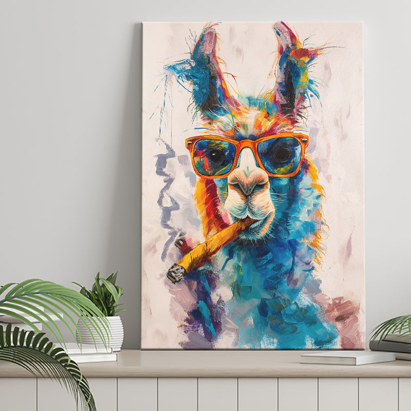 Llama Wearing Sungglasses And Smooking Cigar Art V10, Canvas Prints Wall Art Home Decor, Painting Canvas Art