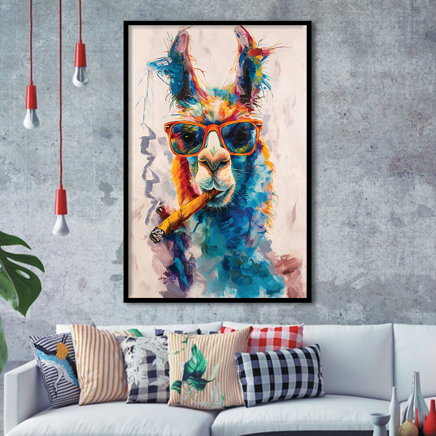 Llama Wearing Sungglasses And Smooking Cigar Art V10, Framed Art Prints Wall Decor, Picture Framed Painting
