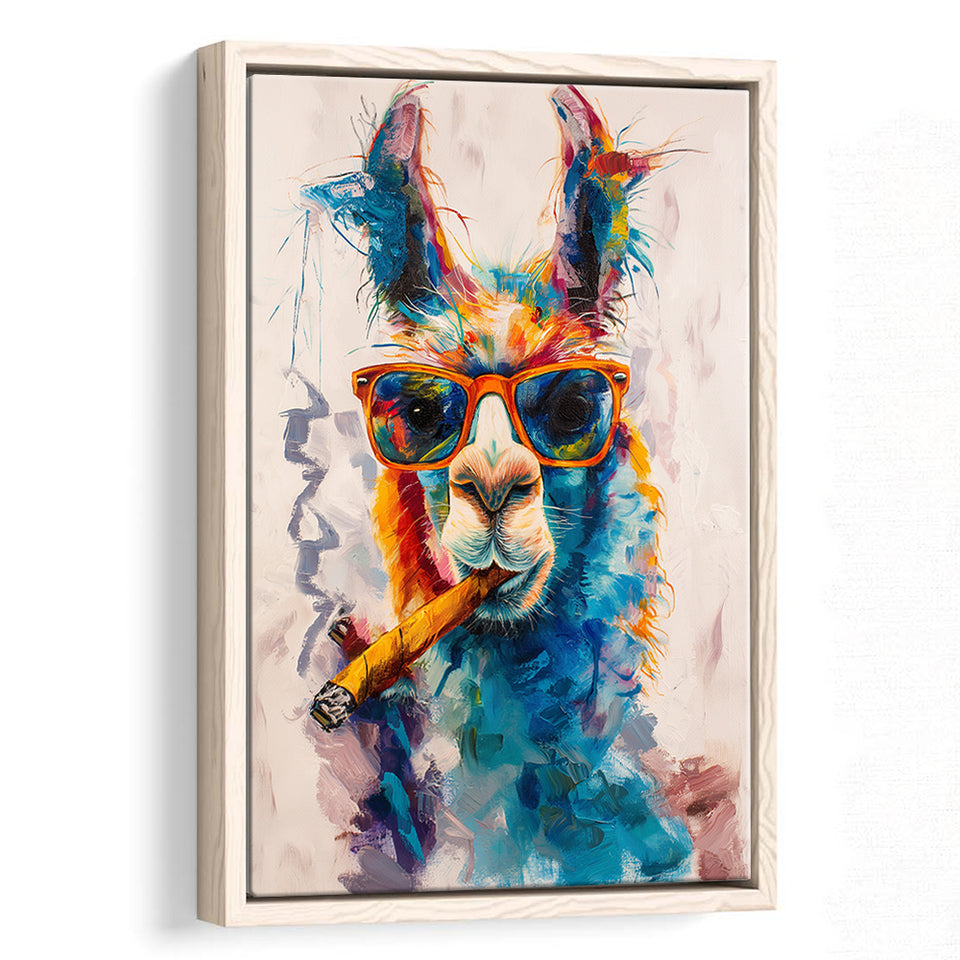 Llama Wearing Sungglasses And Smooking Cigar Art V10, Framed Canvas Prints Wall Art Decor, Floarting Frame Painting Canvas Art