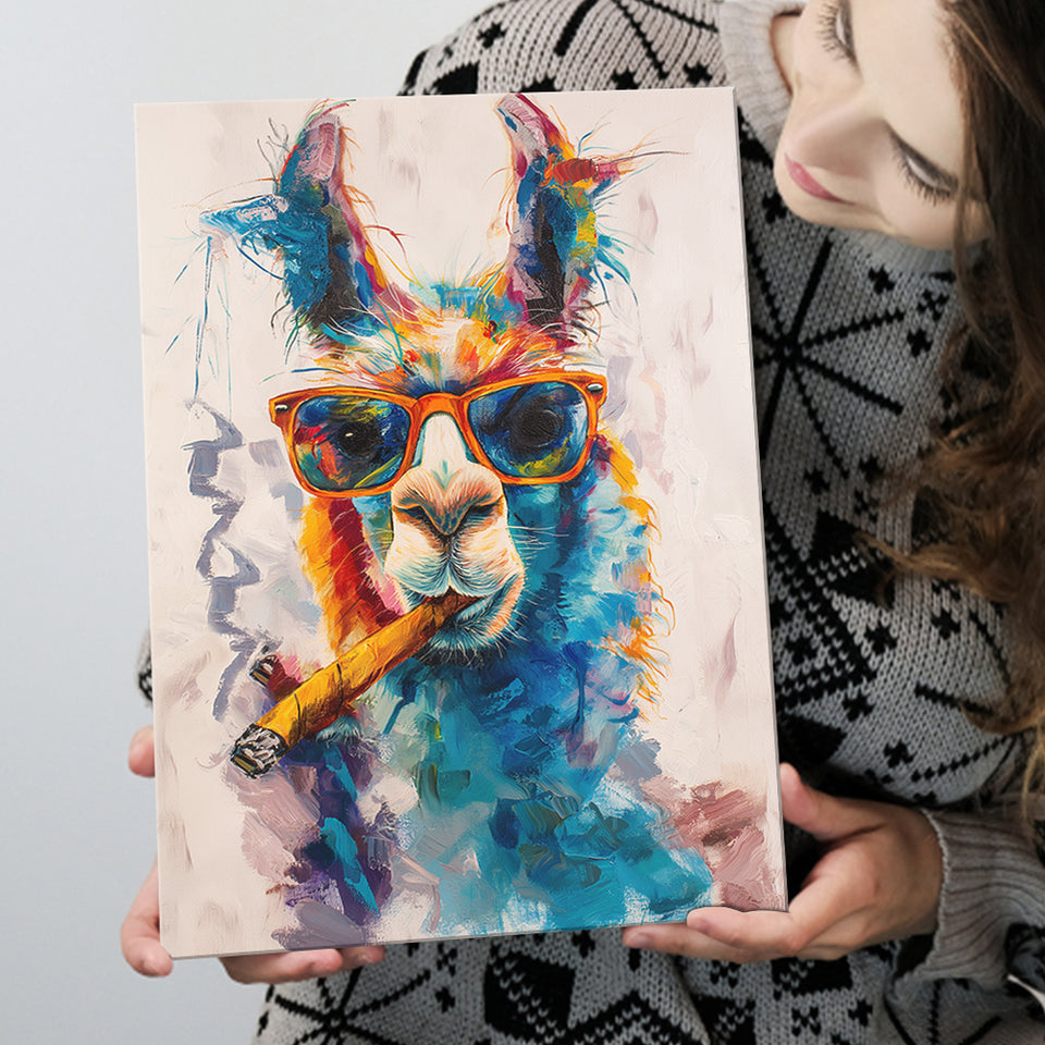 Llama Wearing Sungglasses And Smooking Cigar Art V10, Canvas Prints Wall Art Home Decor, Painting Canvas Art
