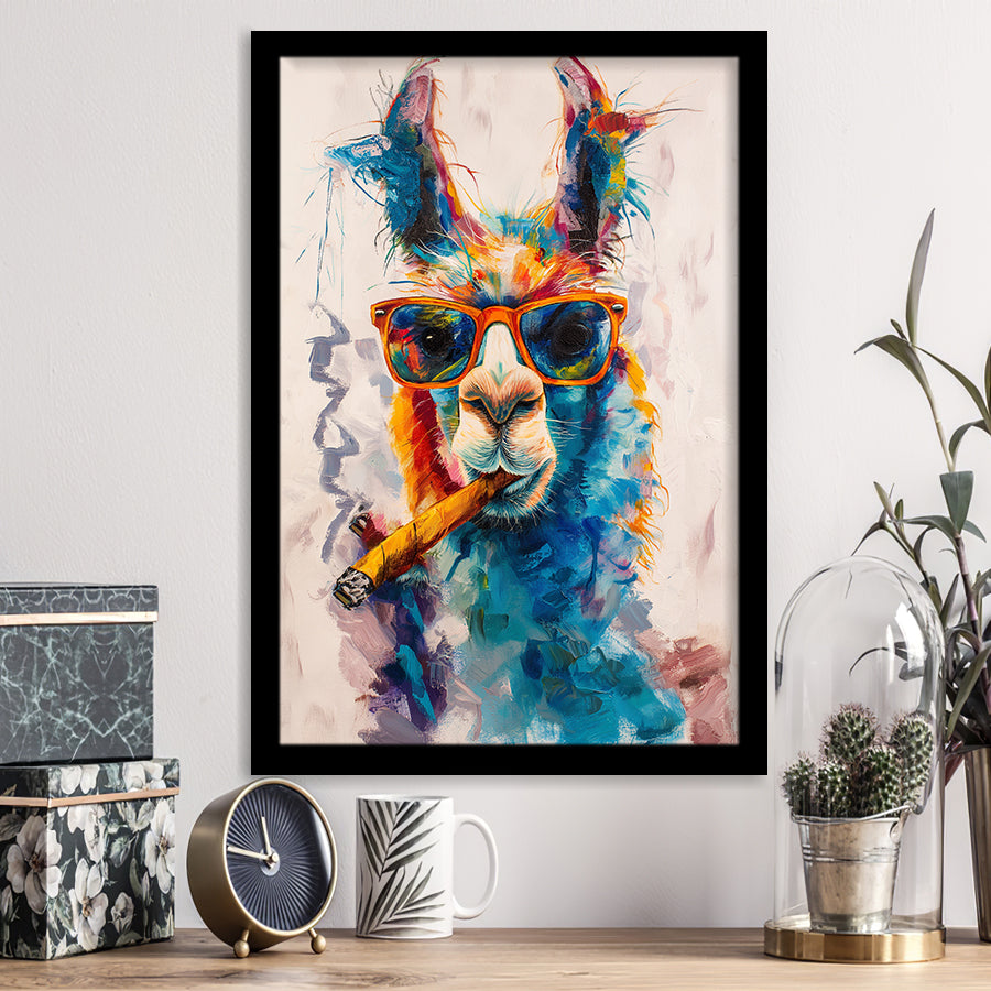 Llama Wearing Sungglasses And Smooking Cigar Art V10, Framed Art Prints Wall Decor, Picture Framed Painting