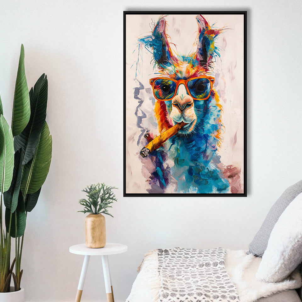 Llama Wearing Sungglasses And Smooking Cigar Art V10, Framed Canvas Prints Wall Art Decor, Floarting Frame Painting Canvas Art