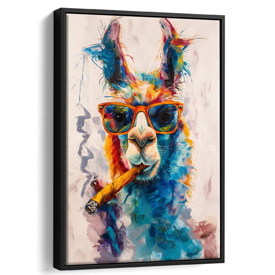 Llama Wearing Sungglasses And Smooking Cigar Art V10, Framed Canvas Prints Wall Art Decor, Floarting Frame Painting Canvas Art
