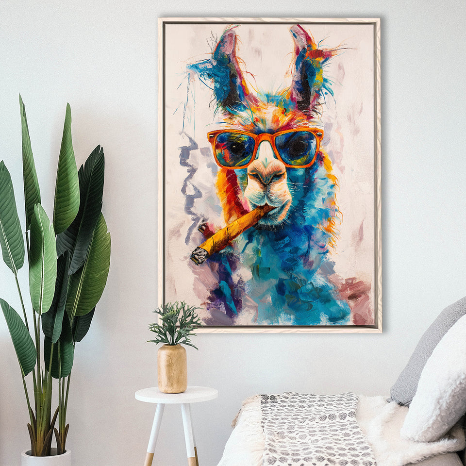 Llama Wearing Sungglasses And Smooking Cigar Art V10, Framed Canvas Prints Wall Art Decor, Floarting Frame Painting Canvas Art