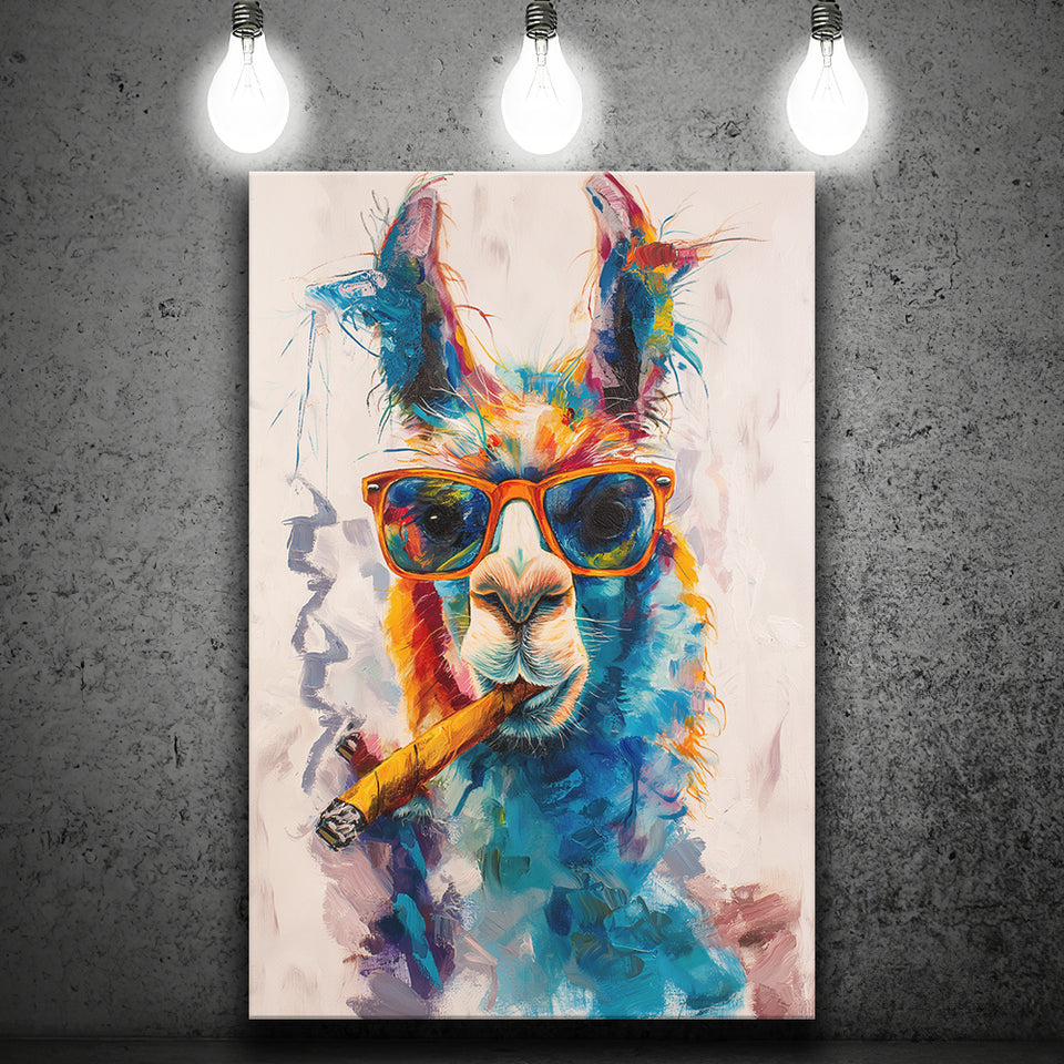 Llama Wearing Sungglasses And Smooking Cigar Art V10, Canvas Prints Wall Art Home Decor, Painting Canvas Art