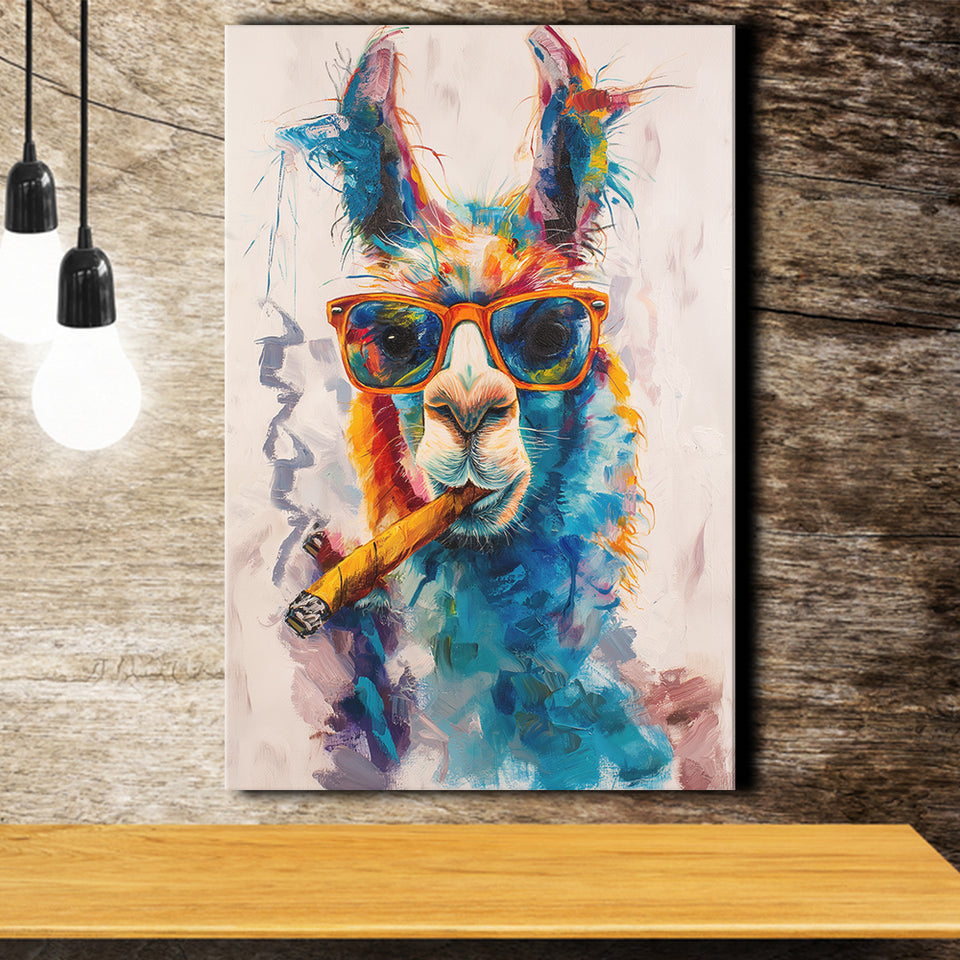 Llama Wearing Sungglasses And Smooking Cigar Art V10, Canvas Prints Wall Art Home Decor, Painting Canvas Art