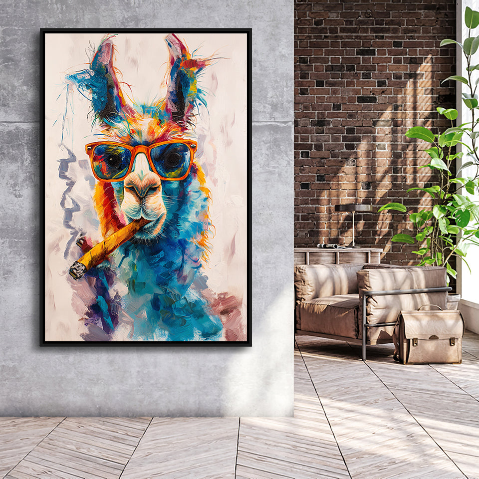 Llama Wearing Sungglasses And Smooking Cigar Art V10, Framed Canvas Prints Wall Art Decor, Floarting Frame Painting Canvas Art