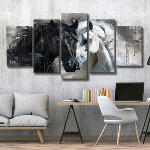 Loved Couple Horse Portrait Black And Whitev1, 5 Panels Mixed Large Canvas, Canvas Prints Wall Art Decor