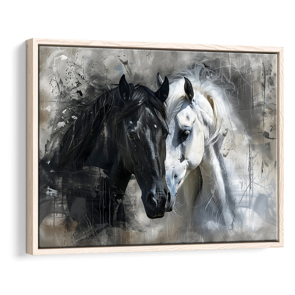 Loved Couple Horse Portrait Black And Whitev1, Framed Canvas Painting, Framed Canvas Prints Wall Art Decor