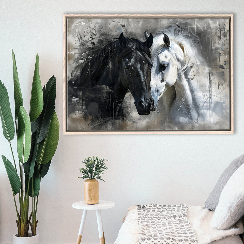Loved Couple Horse Portrait Black And Whitev1, Framed Canvas Painting, Framed Canvas Prints Wall Art Decor