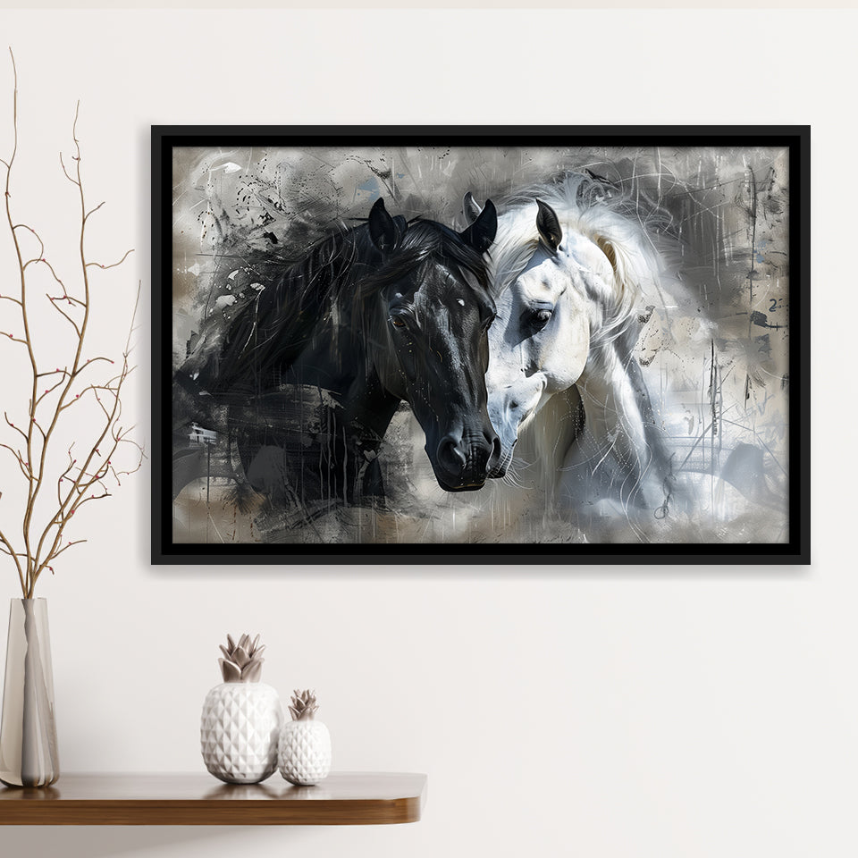 Loved Couple Horse Portrait Black And Whitev1, Framed Canvas Painting, Framed Canvas Prints Wall Art Decor