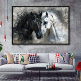 Loved Couple Horse Portrait Black And Whitev1, Framed Canvas Painting, Framed Canvas Prints Wall Art Decor