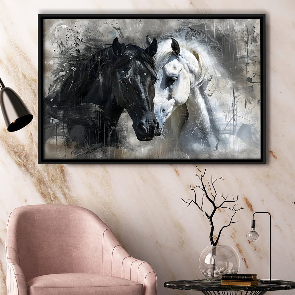 Loved Couple Horse Portrait Black And Whitev1, Framed Canvas Painting, Framed Canvas Prints Wall Art Decor