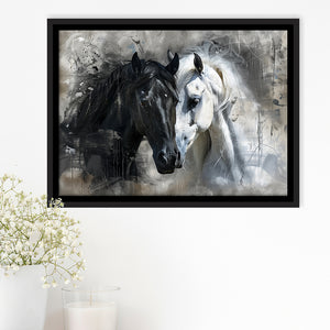 Loved Couple Horse Portrait Black And Whitev1, Framed Canvas Painting, Framed Canvas Prints Wall Art Decor
