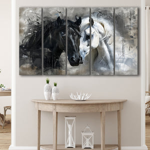 Loved Couple Horse Portrait Black And Whitev1, 5 Panels Extra Large Canvas, Canvas Prints Wall Art Decor