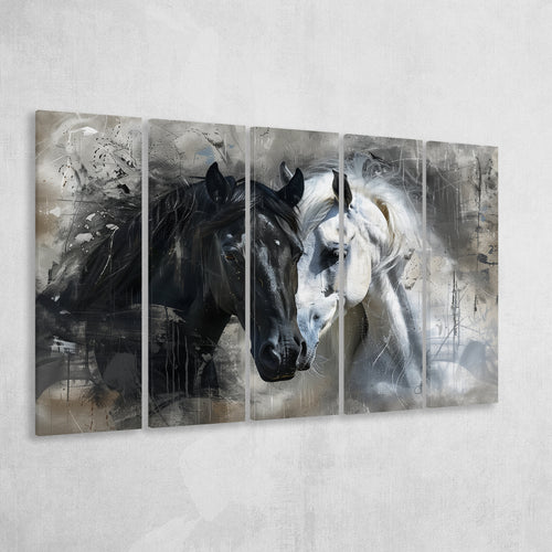 Loved Couple Horse Portrait Black And Whitev1, 5 Panels Extra Large Canvas, Canvas Prints Wall Art Decor