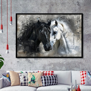 Loved Couple Horse Portrait Black And Whitev1, Framed Art Print Wall Decor, Framed Picture