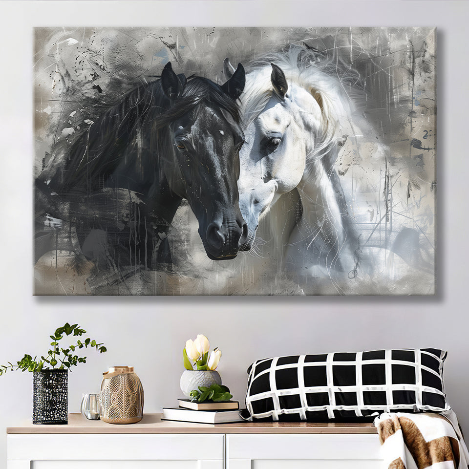 Loved Couple Horse Portrait Black And Whitev1, Canvas Painting, Canvas Prints Wall Art Decor
