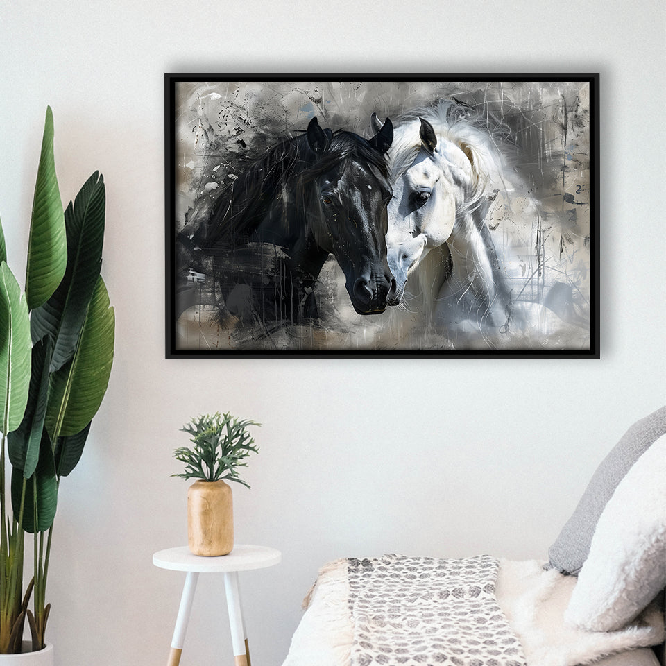 Loved Couple Horse Portrait Black And Whitev1, Framed Canvas Painting, Framed Canvas Prints Wall Art Decor
